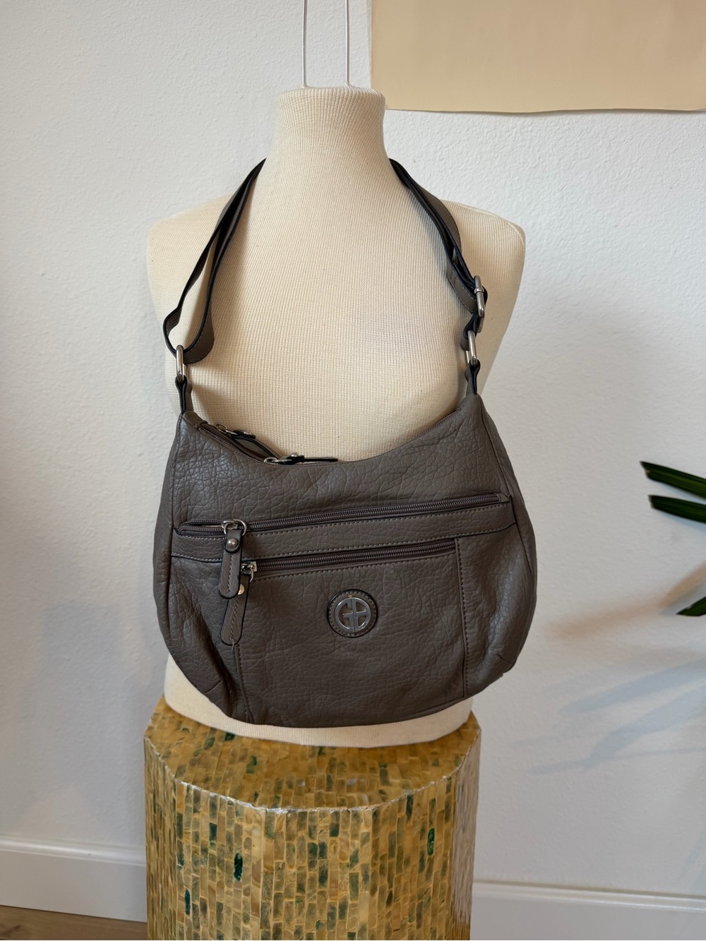 Giani Bernini Taupe Leather Shoulder Bag with Beige Lining